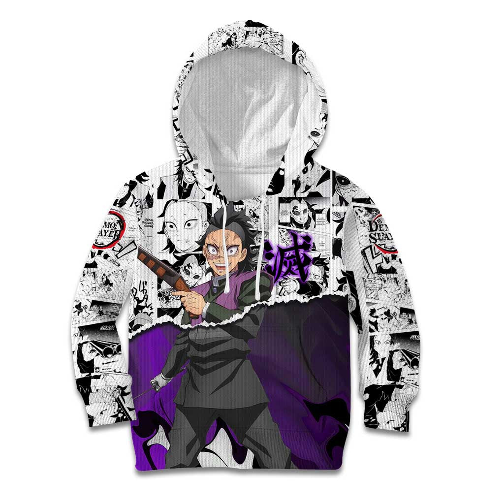 Genya Shinazugawa Demon Slayer Manga Panel Black and White Theme Kid Hoodie with Purple Accents and Gun Action Pose - The Mazicc