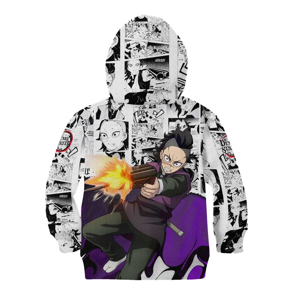 Genya Shinazugawa Demon Slayer Manga Panel Black and White Theme Kid Hoodie with Purple Accents and Gun Action Pose - The Mazicc