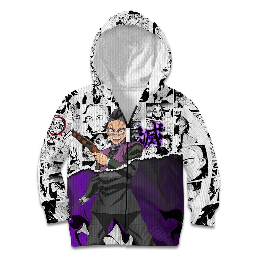 Genya Shinazugawa Demon Slayer Manga Panel Black and White Theme Kid Hoodie with Purple Accents and Gun Action Pose - The Mazicc