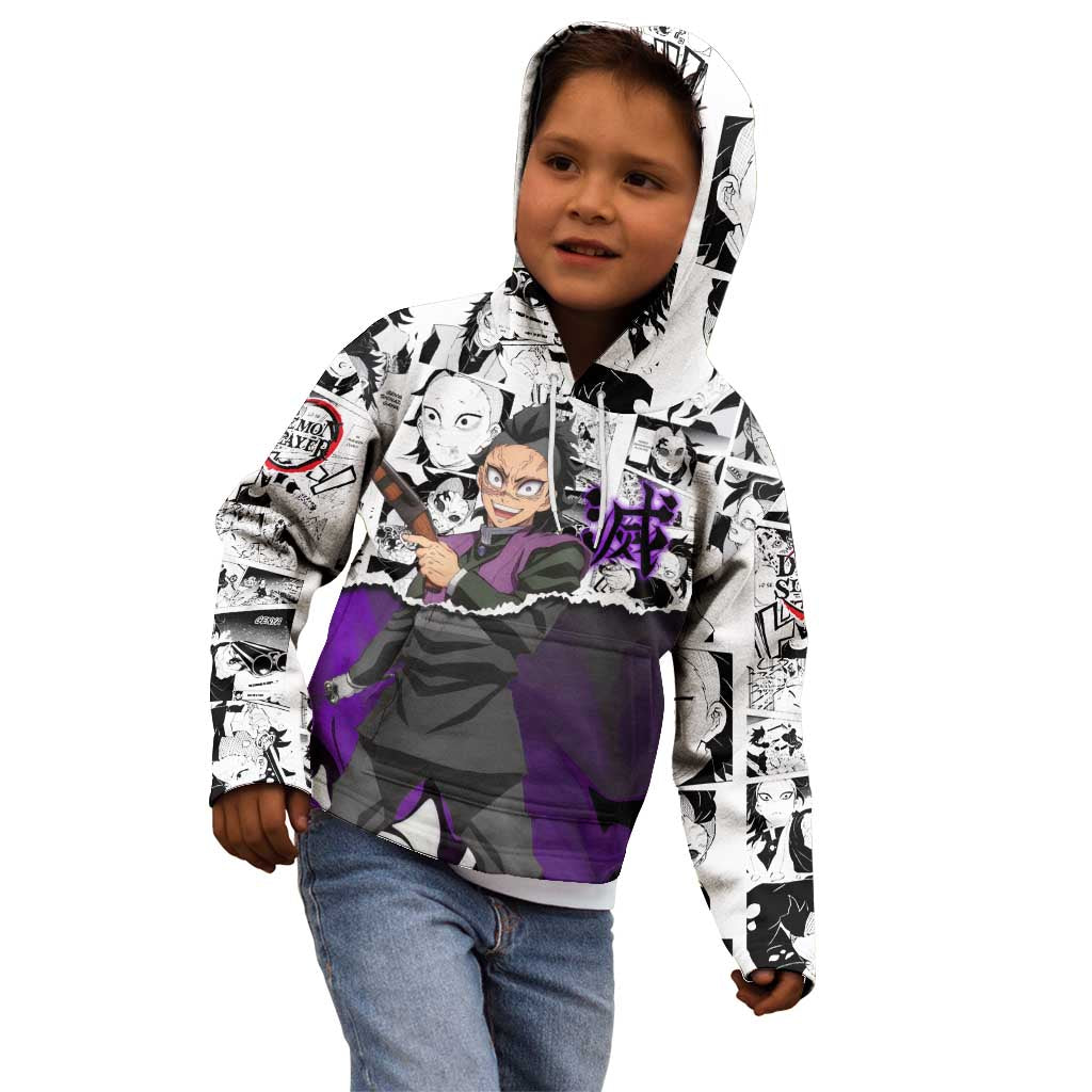 Genya Shinazugawa Demon Slayer Manga Panel Black and White Theme Kid Hoodie with Purple Accents and Gun Action Pose - The Mazicc