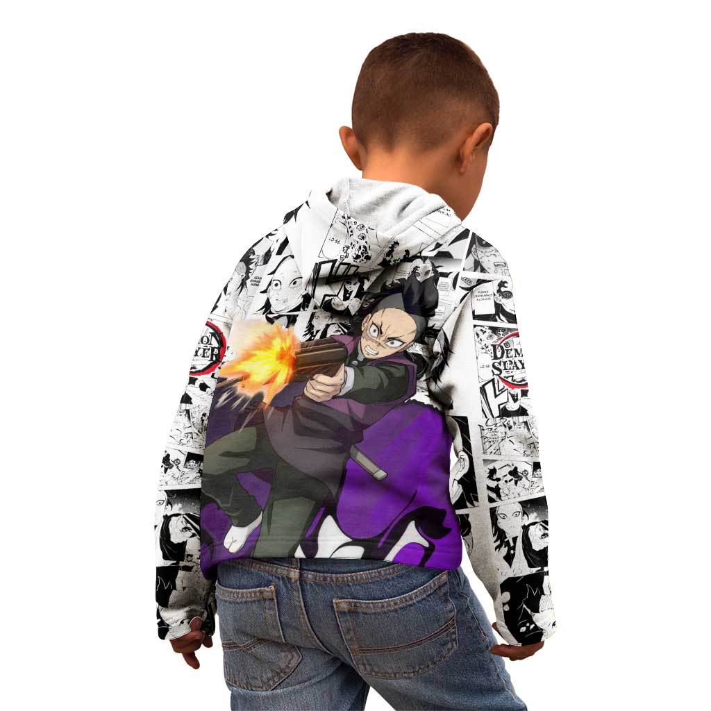 Genya Shinazugawa Demon Slayer Manga Panel Black and White Theme Kid Hoodie with Purple Accents and Gun Action Pose - The Mazicc