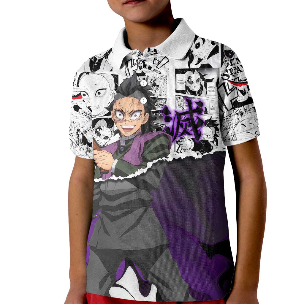 Genya Shinazugawa Demon Slayer Manga Panel Black and White Theme Kid Polo Shirt with Purple Accents and Gun Action Pose - The Mazicc
