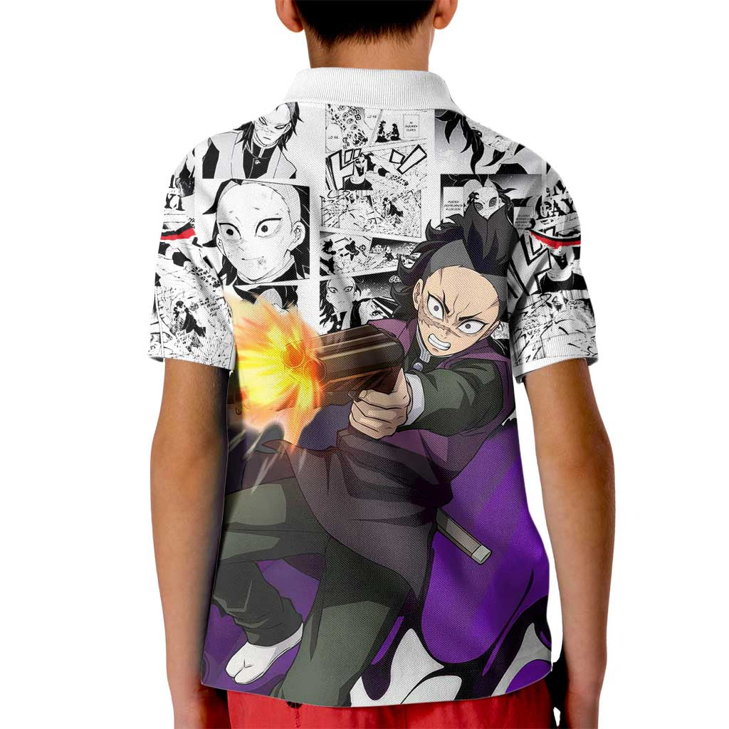 Genya Shinazugawa Demon Slayer Manga Panel Black and White Theme Kid Polo Shirt with Purple Accents and Gun Action Pose - The Mazicc