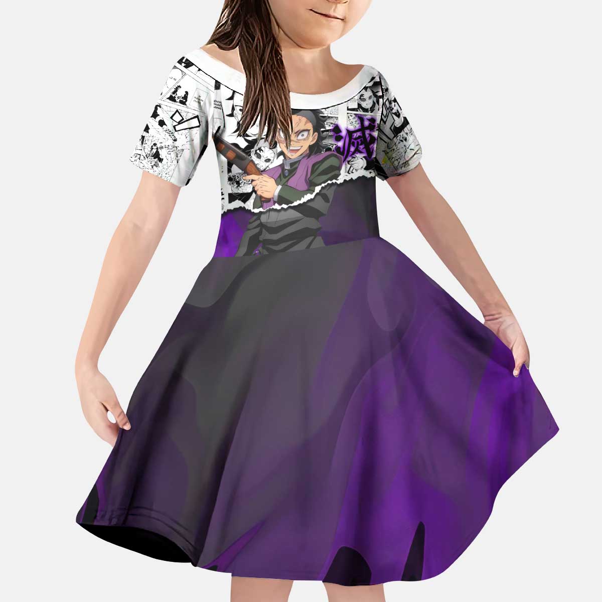 Genya Shinazugawa Demon Slayer Manga Panel Black and White Theme Kid Short Sleeve Dress with Purple Accents and Gun Action Pose - The Mazicc
