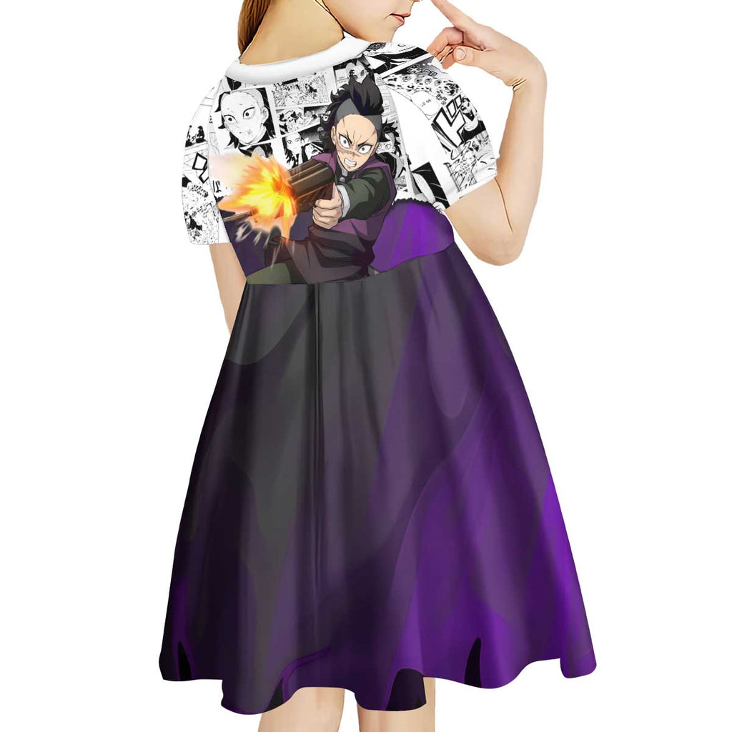 Genya Shinazugawa Demon Slayer Manga Panel Black and White Theme Kid Short Sleeve Dress with Purple Accents and Gun Action Pose - The Mazicc