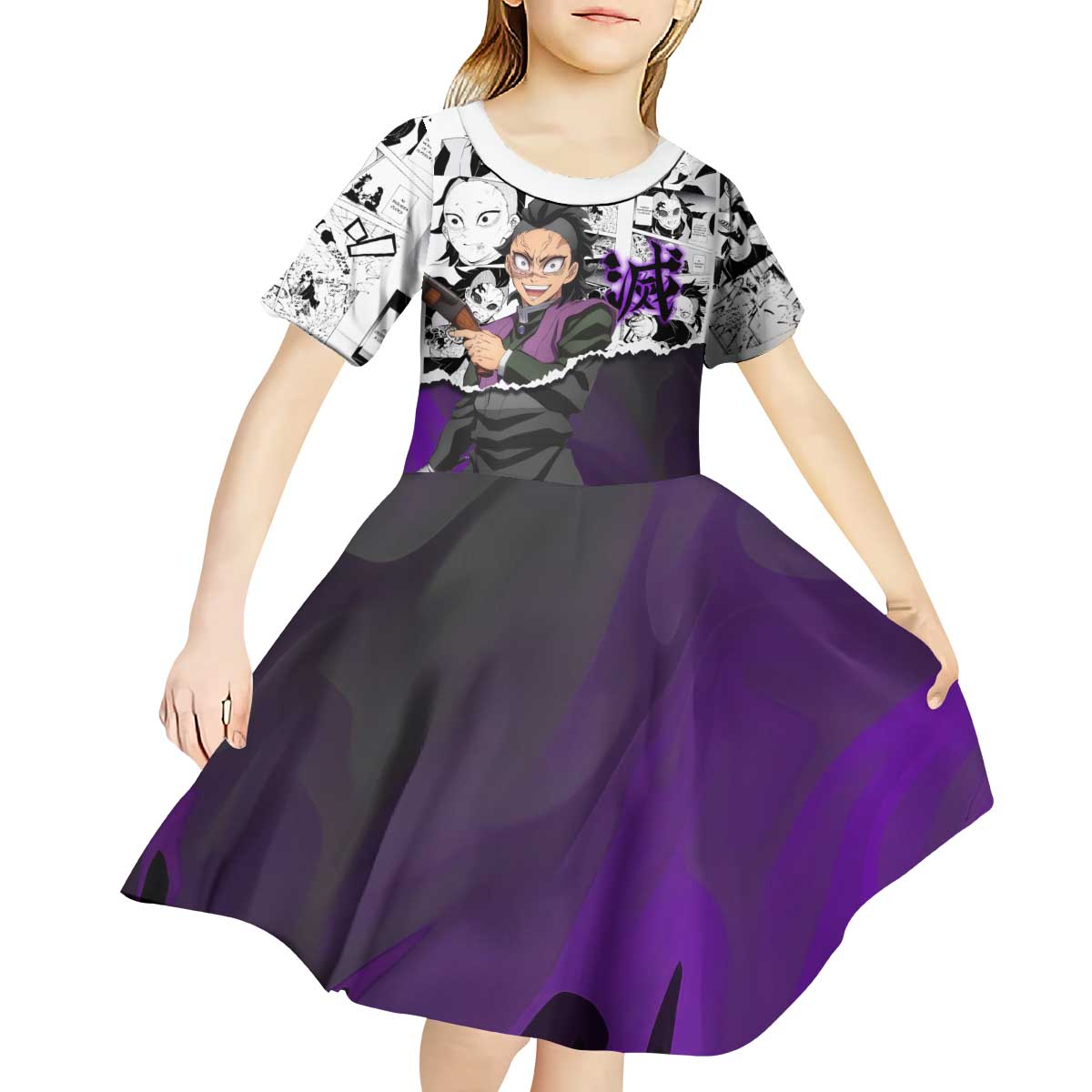 Genya Shinazugawa Demon Slayer Manga Panel Black and White Theme Kid Short Sleeve Dress with Purple Accents and Gun Action Pose - The Mazicc