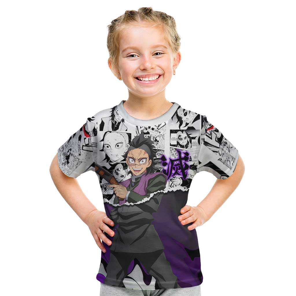 Genya Shinazugawa Demon Slayer Manga Panel Black and White Theme Kid T Shirt with Purple Accents and Gun Action Pose - The Mazicc