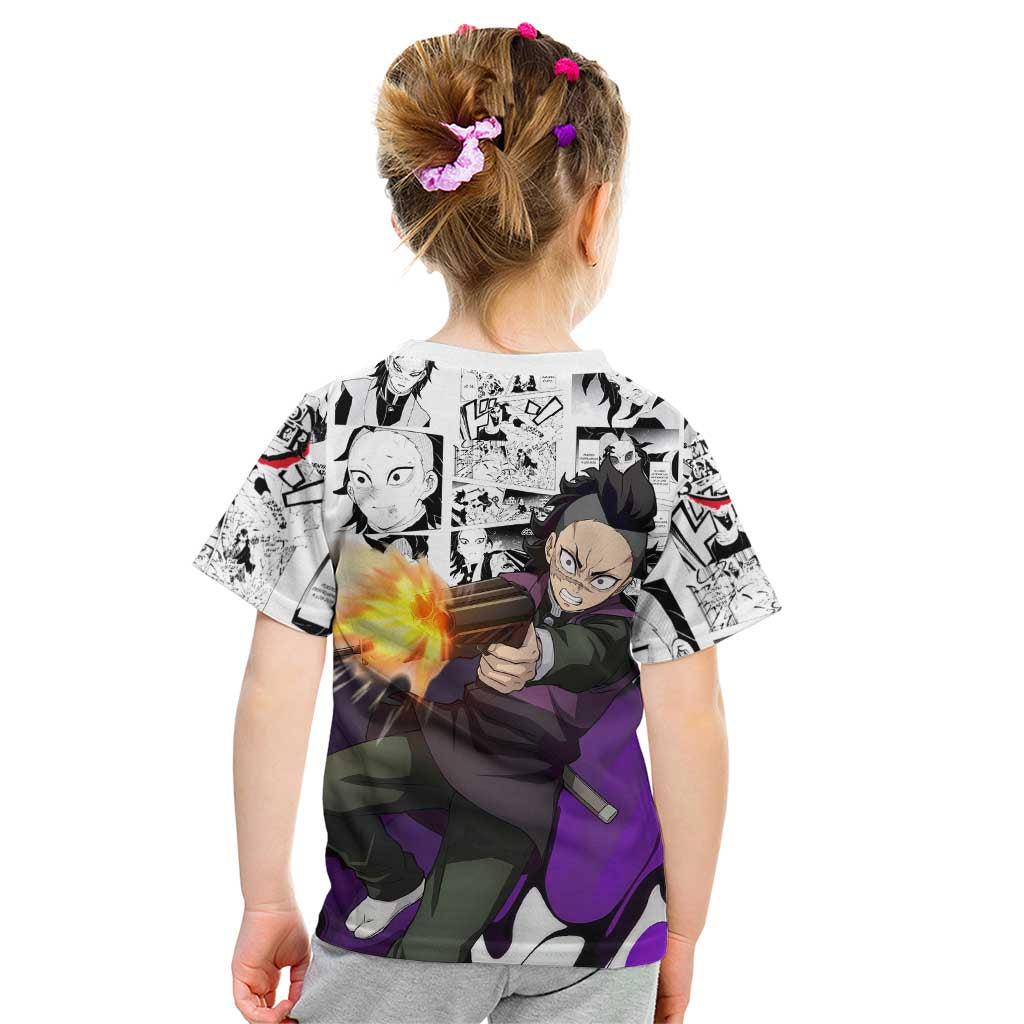 Genya Shinazugawa Demon Slayer Manga Panel Black and White Theme Kid T Shirt with Purple Accents and Gun Action Pose - The Mazicc