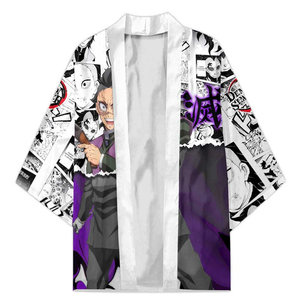 Genya Shinazugawa Demon Slayer Manga Panel Black and White Theme Kimono with Purple Accents and Gun Action Pose - The Mazicc