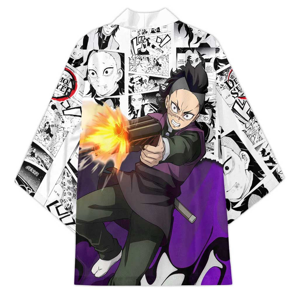 Genya Shinazugawa Demon Slayer Manga Panel Black and White Theme Kimono with Purple Accents and Gun Action Pose - The Mazicc