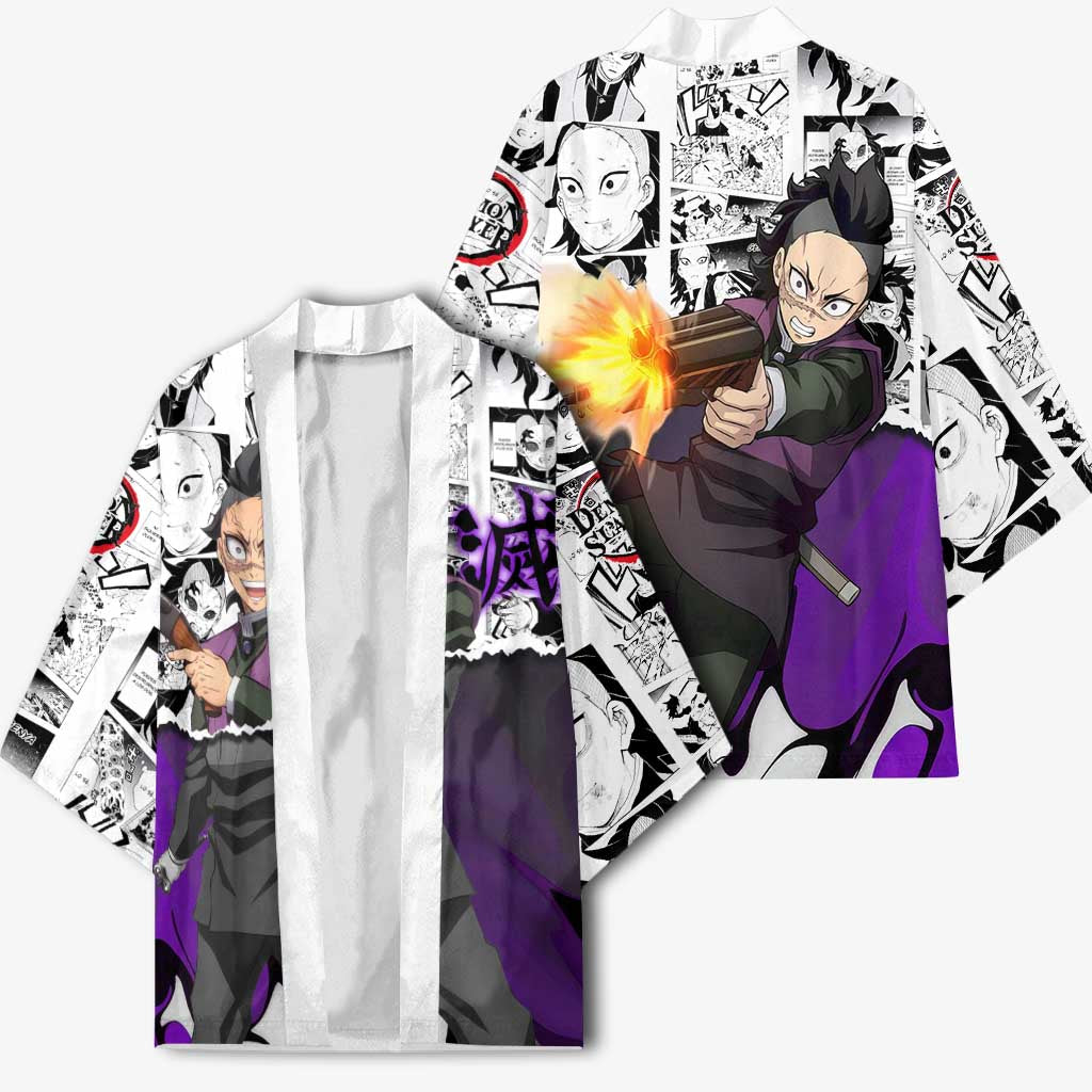 Genya Shinazugawa Demon Slayer Manga Panel Black and White Theme Kimono with Purple Accents and Gun Action Pose - The Mazicc