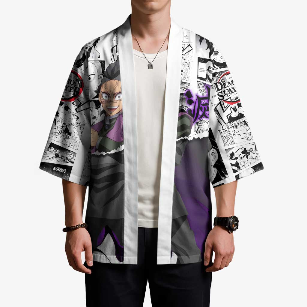 Genya Shinazugawa Demon Slayer Manga Panel Black and White Theme Kimono with Purple Accents and Gun Action Pose - The Mazicc