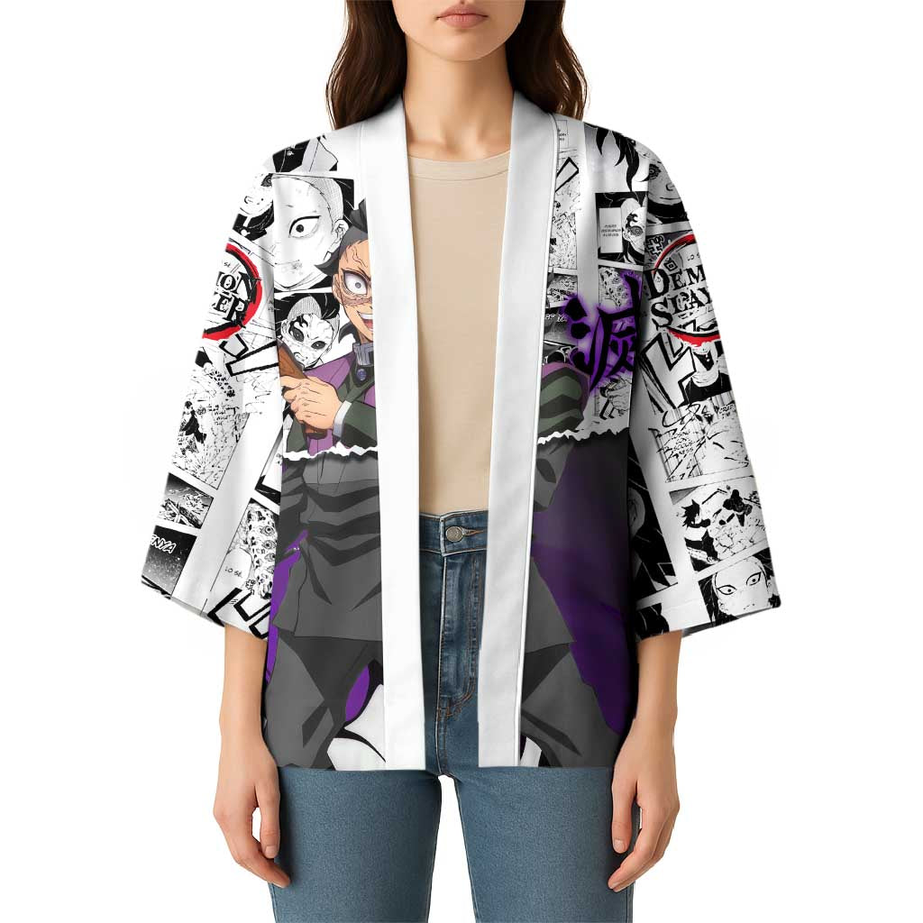 Genya Shinazugawa Demon Slayer Manga Panel Black and White Theme Kimono with Purple Accents and Gun Action Pose - The Mazicc