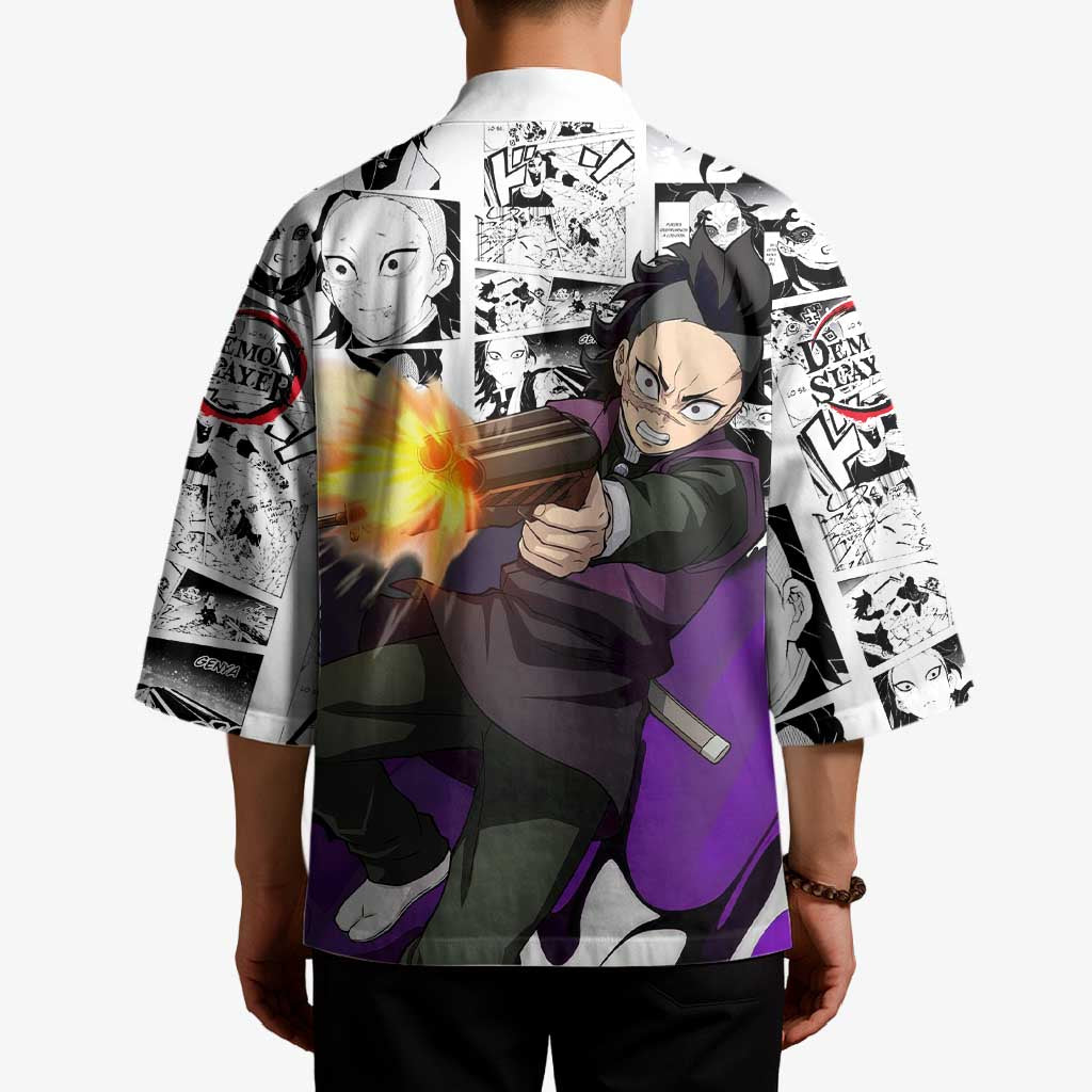 Genya Shinazugawa Demon Slayer Manga Panel Black and White Theme Kimono with Purple Accents and Gun Action Pose - The Mazicc