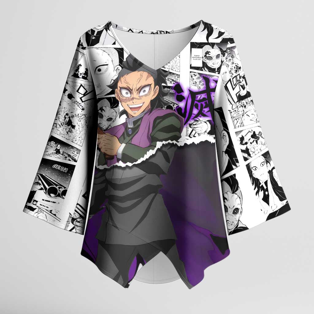 Genya Shinazugawa Demon Slayer Manga Panel Black and White Theme Kimono Sleeve Blouse with Purple Accents and Gun Action Pose - The Mazicc