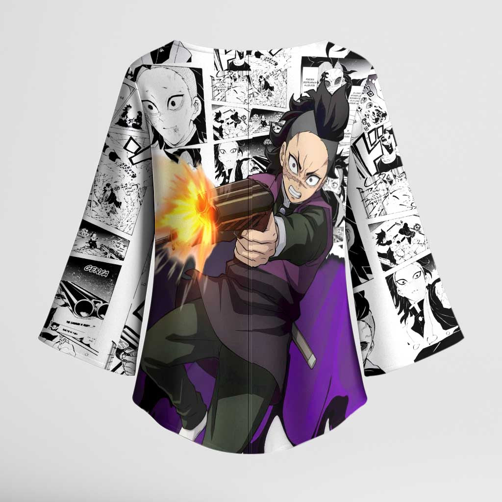 Genya Shinazugawa Demon Slayer Manga Panel Black and White Theme Kimono Sleeve Blouse with Purple Accents and Gun Action Pose - The Mazicc
