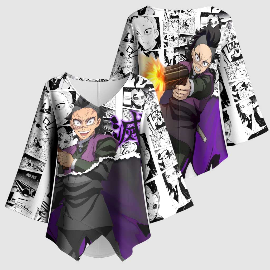 Genya Shinazugawa Demon Slayer Manga Panel Black and White Theme Kimono Sleeve Blouse with Purple Accents and Gun Action Pose - The Mazicc