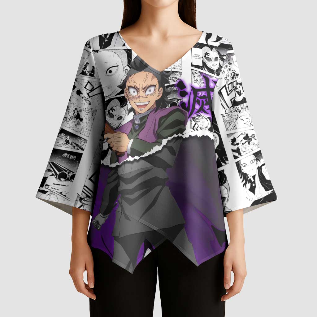 Genya Shinazugawa Demon Slayer Manga Panel Black and White Theme Kimono Sleeve Blouse with Purple Accents and Gun Action Pose - The Mazicc