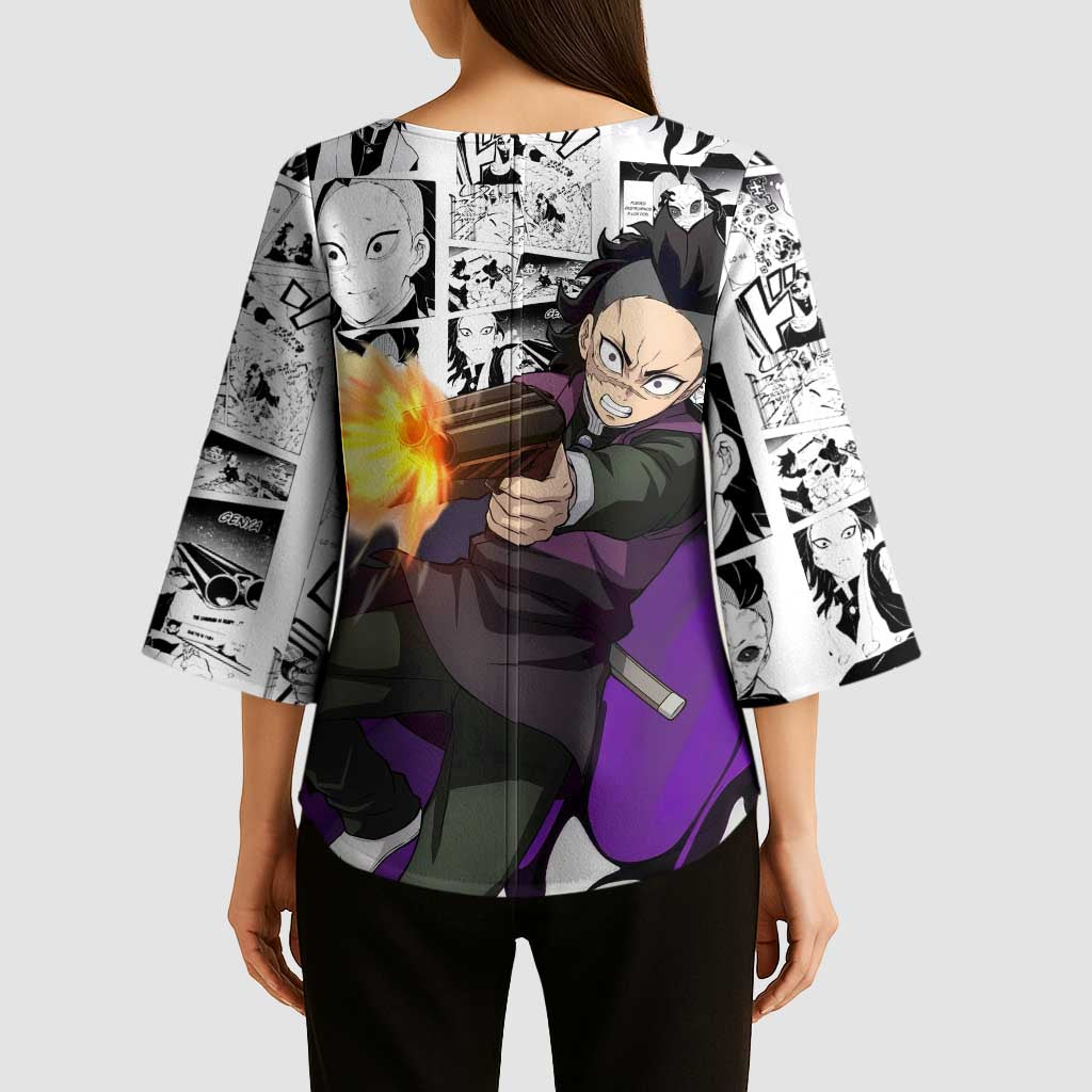 Genya Shinazugawa Demon Slayer Manga Panel Black and White Theme Kimono Sleeve Blouse with Purple Accents and Gun Action Pose - The Mazicc