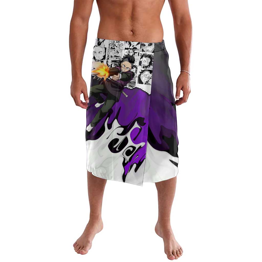 Genya Shinazugawa Demon Slayer Manga Panel Black and White Theme Lavalava with Purple Accents and Gun Action Pose - The Mazicc