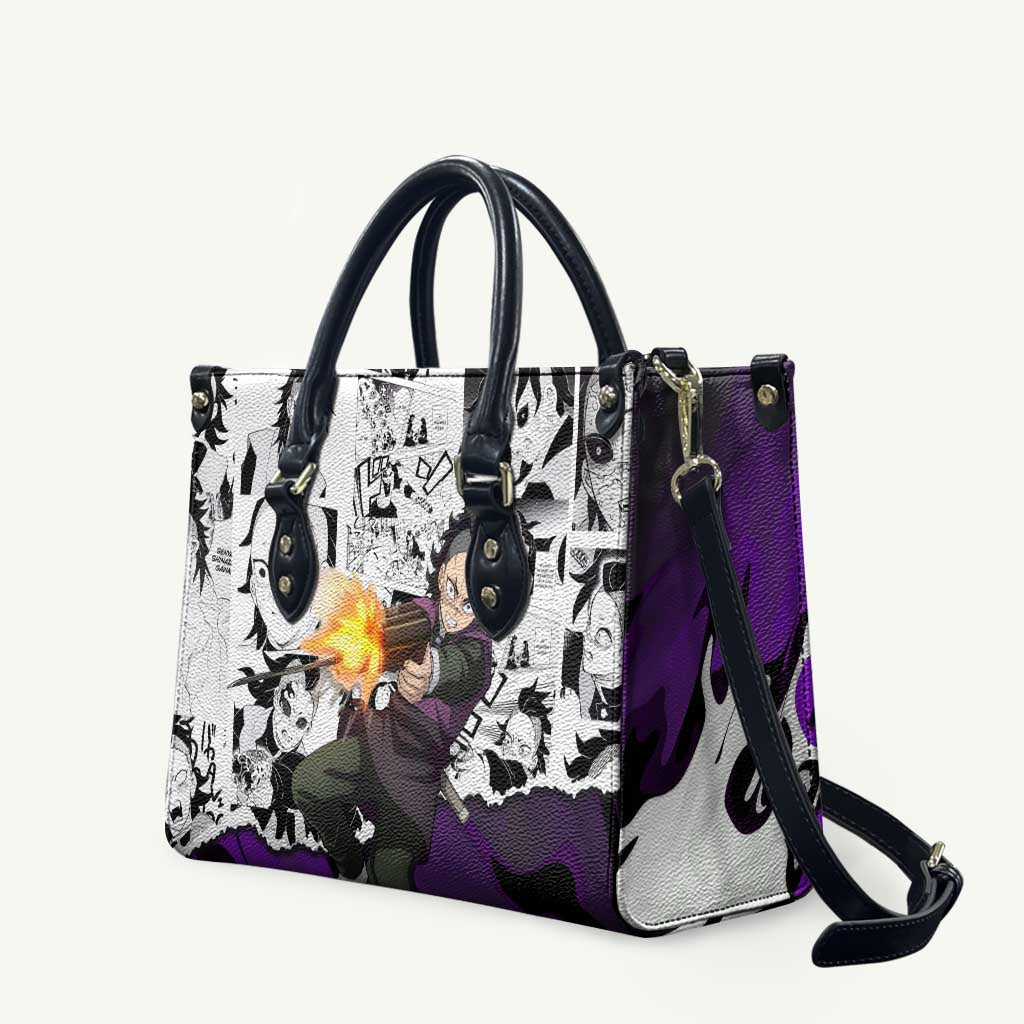 Genya Shinazugawa Demon Slayer Manga Panel Black and White Theme Leather Bag with Purple Accents and Gun Action Pose - The Mazicc