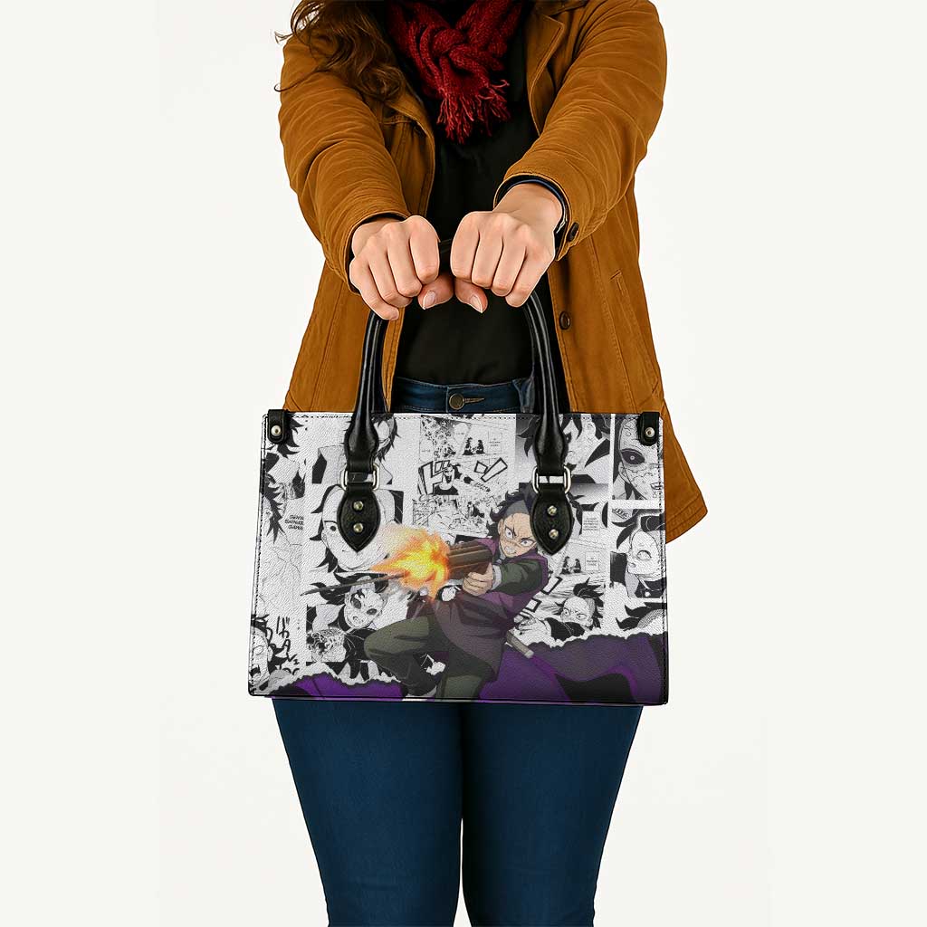 Genya Shinazugawa Demon Slayer Manga Panel Black and White Theme Leather Bag with Purple Accents and Gun Action Pose - The Mazicc