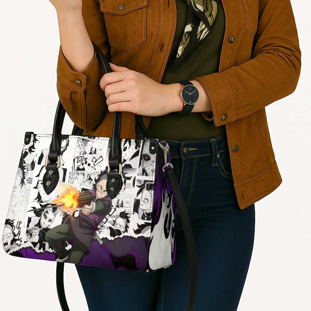 Genya Shinazugawa Demon Slayer Manga Panel Black and White Theme Leather Bag with Purple Accents and Gun Action Pose - The Mazicc