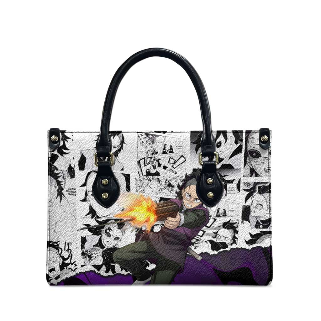 Genya Shinazugawa Demon Slayer Manga Panel Black and White Theme Leather Bag with Purple Accents and Gun Action Pose - The Mazicc