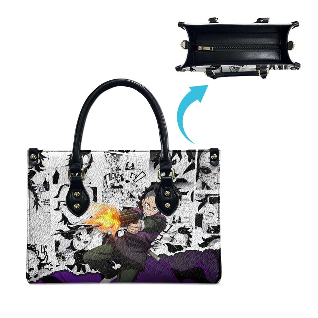Genya Shinazugawa Demon Slayer Manga Panel Black and White Theme Leather Bag with Purple Accents and Gun Action Pose - The Mazicc