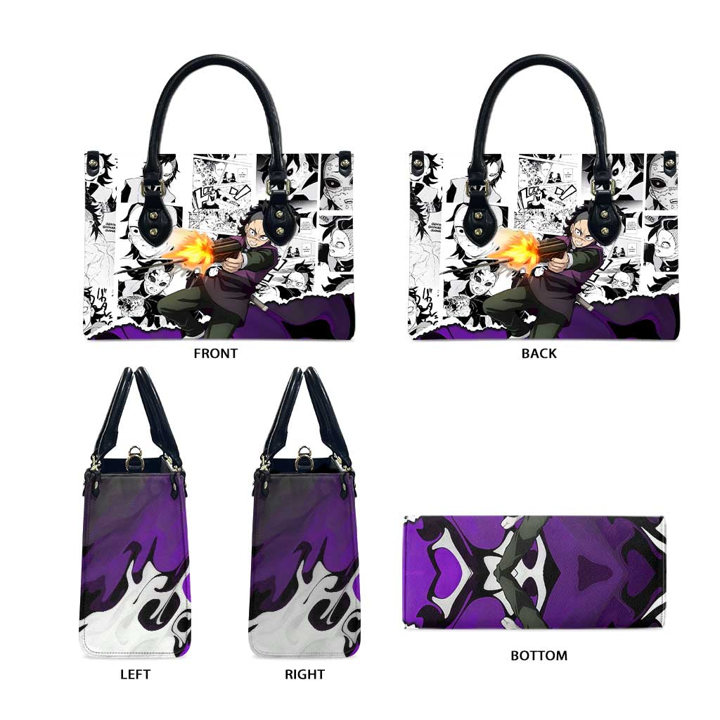 Genya Shinazugawa Demon Slayer Manga Panel Black and White Theme Leather Bag with Purple Accents and Gun Action Pose - The Mazicc
