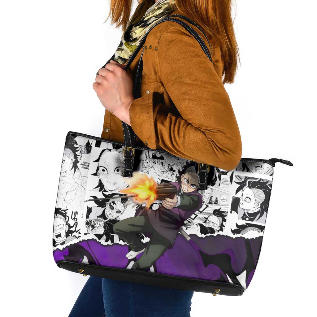 Genya Shinazugawa Demon Slayer Manga Panel Black and White Theme Leather Tote Bag with Purple Accents and Gun Action Pose - The Mazicc