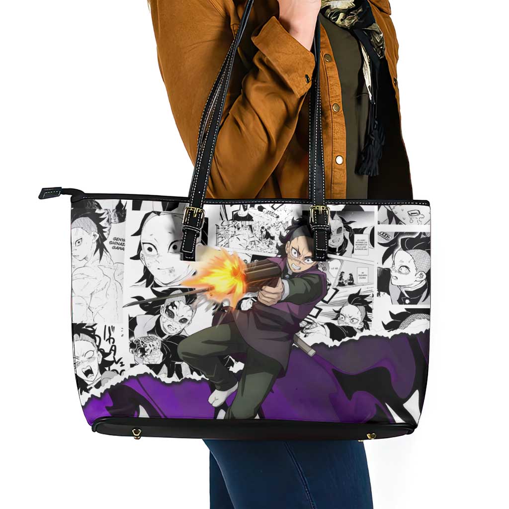 Genya Shinazugawa Demon Slayer Manga Panel Black and White Theme Leather Tote Bag with Purple Accents and Gun Action Pose - The Mazicc