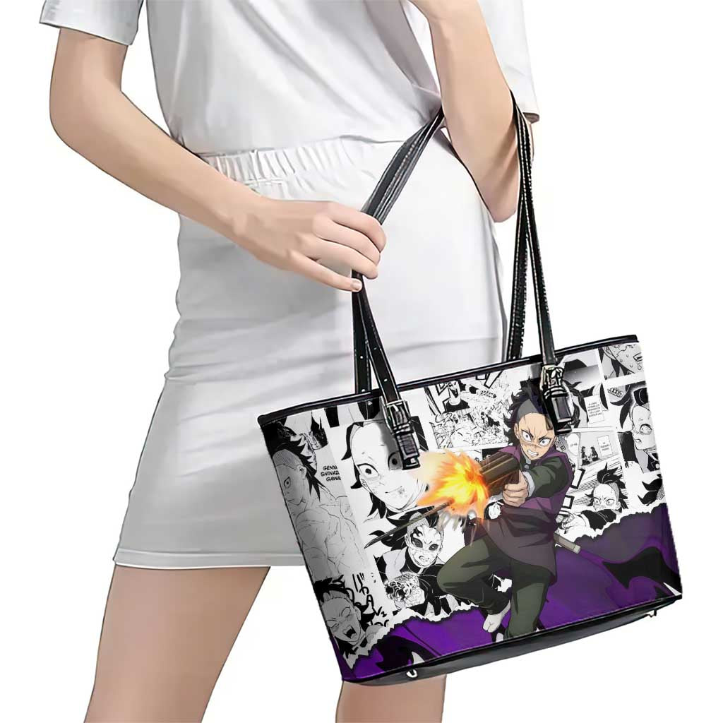 Genya Shinazugawa Demon Slayer Manga Panel Black and White Theme Leather Tote Bag with Purple Accents and Gun Action Pose - The Mazicc