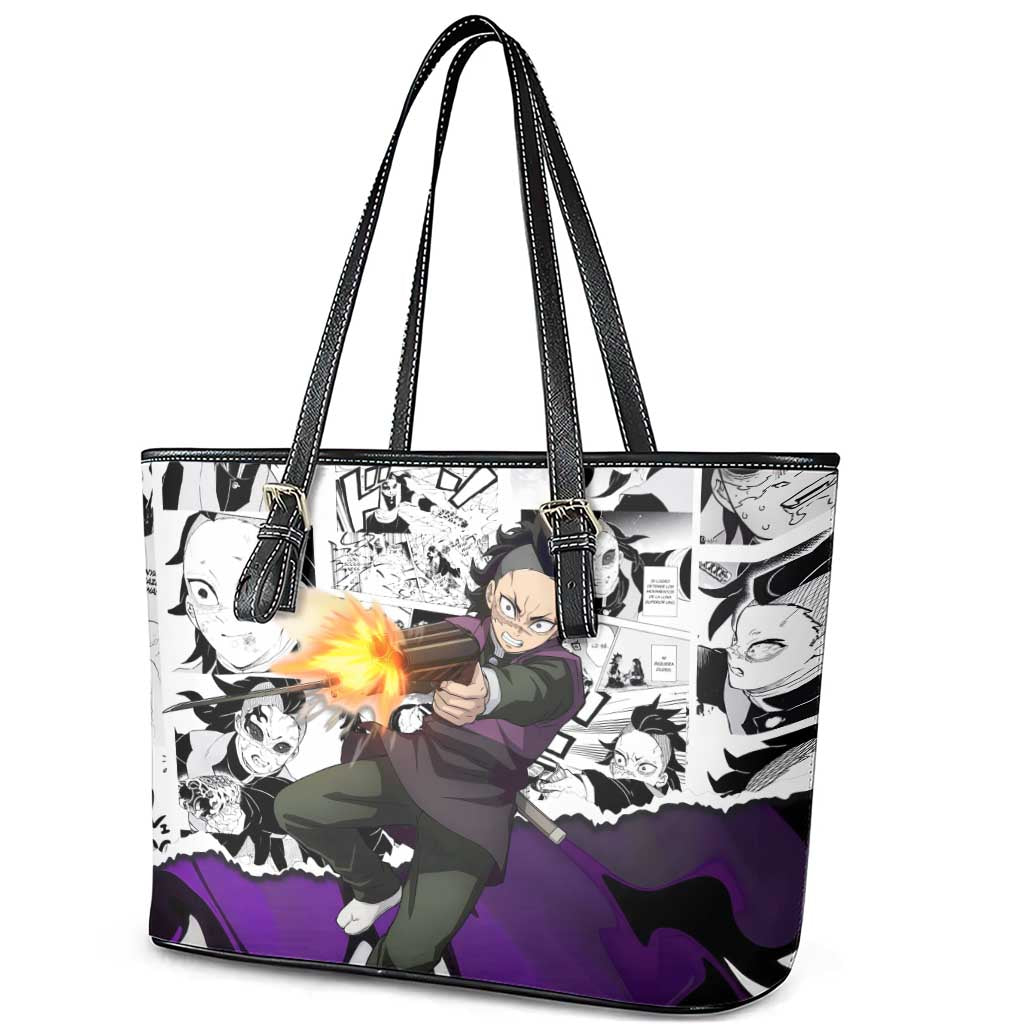 Genya Shinazugawa Demon Slayer Manga Panel Black and White Theme Leather Tote Bag with Purple Accents and Gun Action Pose - The Mazicc