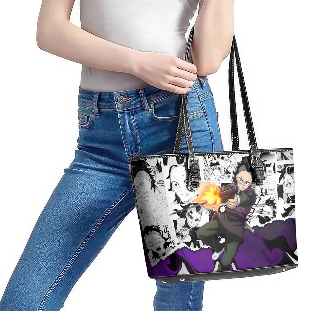 Genya Shinazugawa Demon Slayer Manga Panel Black and White Theme Leather Tote Bag with Purple Accents and Gun Action Pose - The Mazicc