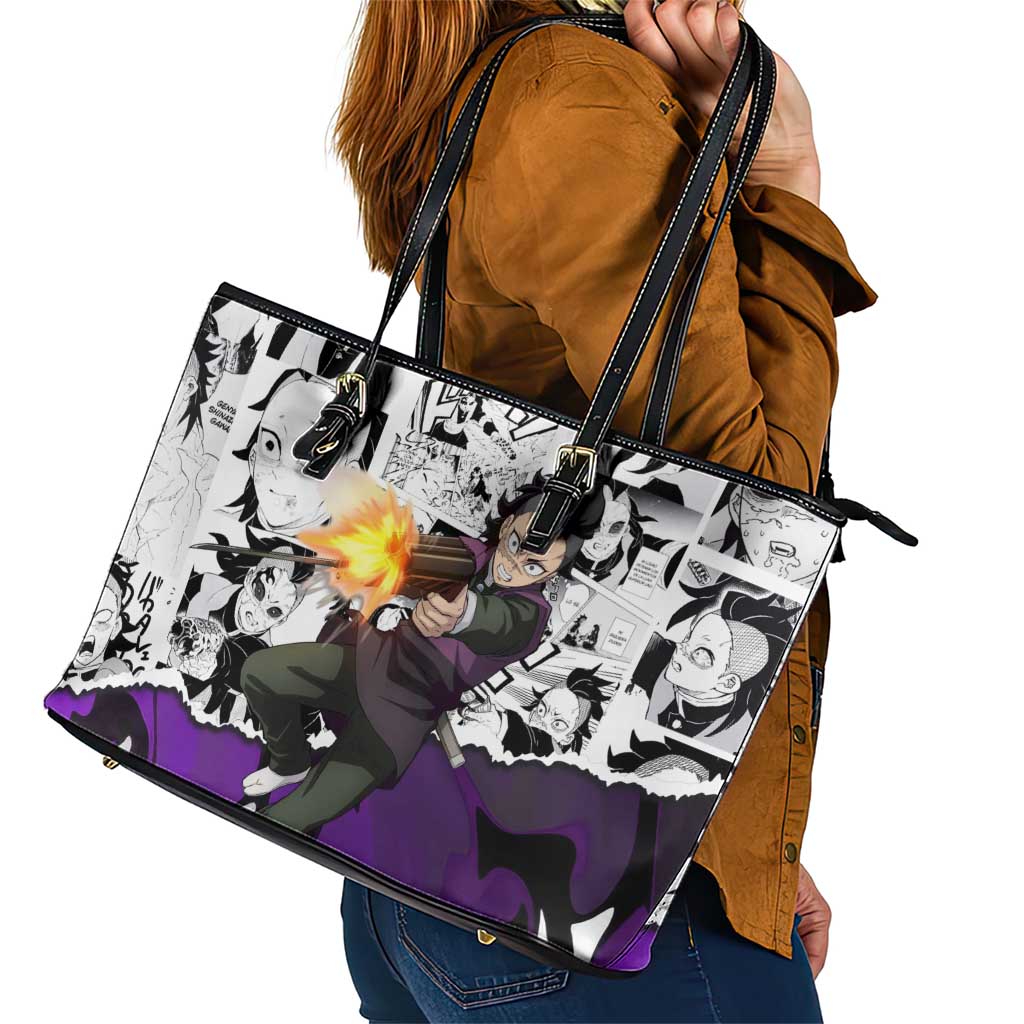 Genya Shinazugawa Demon Slayer Manga Panel Black and White Theme Leather Tote Bag with Purple Accents and Gun Action Pose - The Mazicc