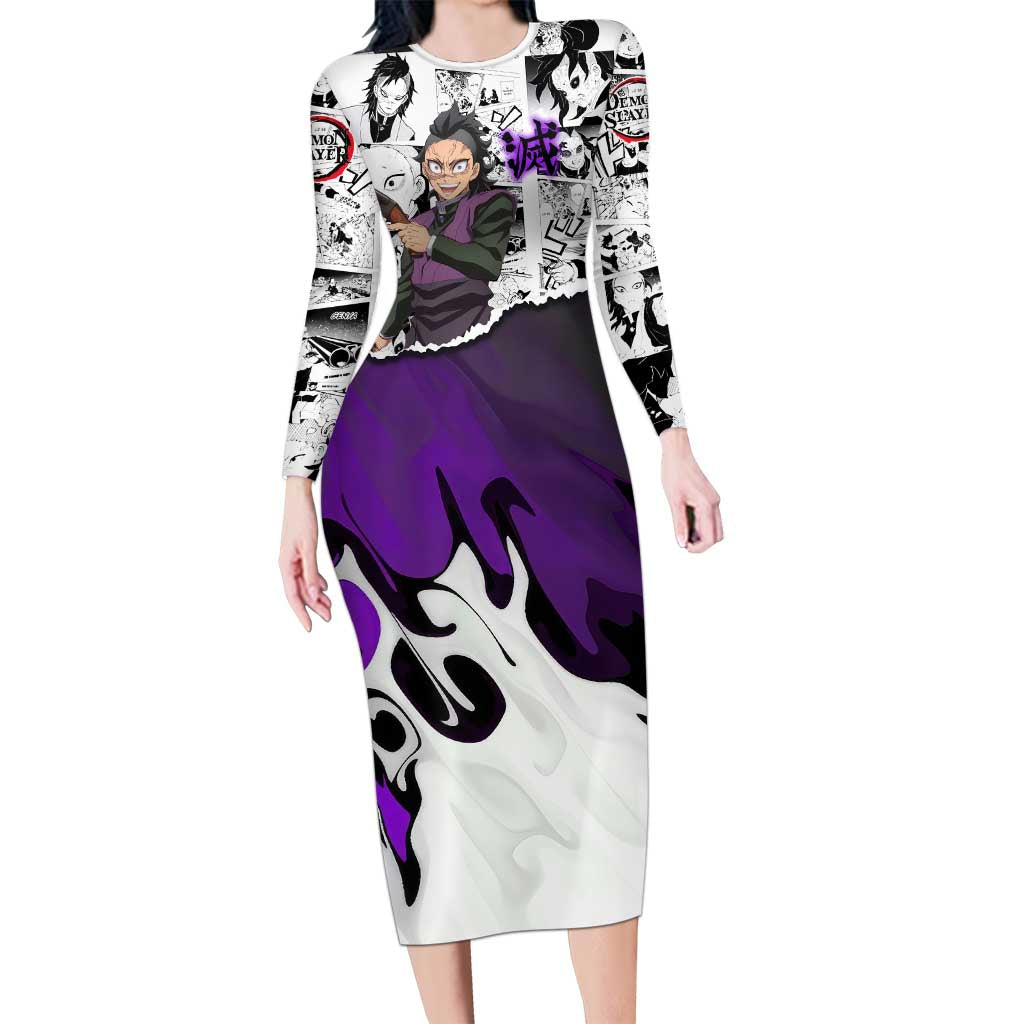 Genya Shinazugawa Demon Slayer Manga Panel Black and White Theme Long Sleeve Bodycon Dress with Purple Accents and Gun Action Pose - The Mazicc