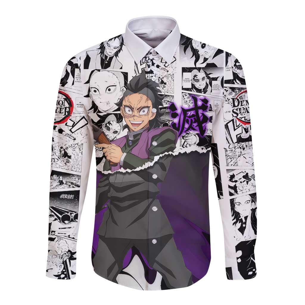 Genya Shinazugawa Demon Slayer Manga Panel Black and White Theme Long Sleeve Button Shirt with Purple Accents and Gun Action Pose - The Mazicc