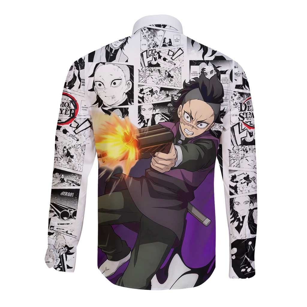Genya Shinazugawa Demon Slayer Manga Panel Black and White Theme Long Sleeve Button Shirt with Purple Accents and Gun Action Pose - The Mazicc