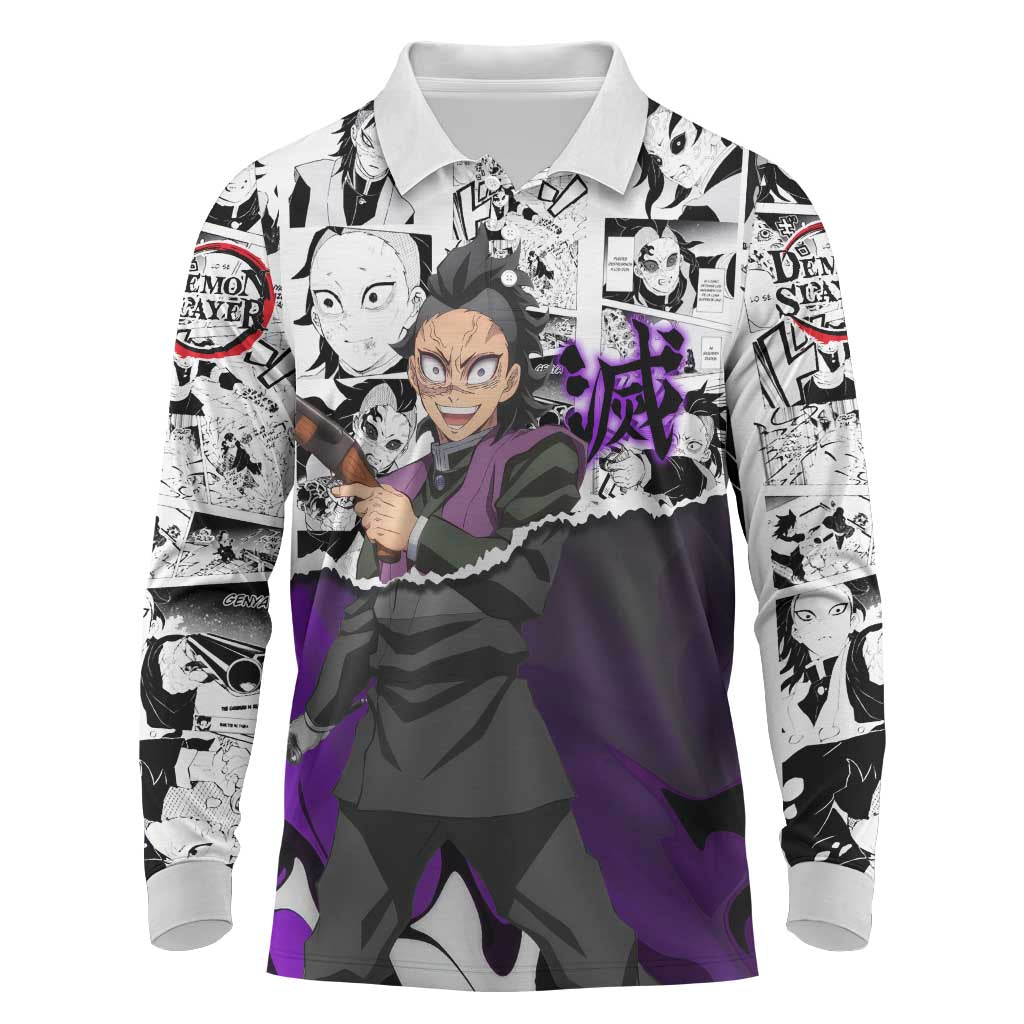 Genya Shinazugawa Demon Slayer Manga Panel Black and White Theme Long Sleeve Polo Shirt with Purple Accents and Gun Action Pose - The Mazicc