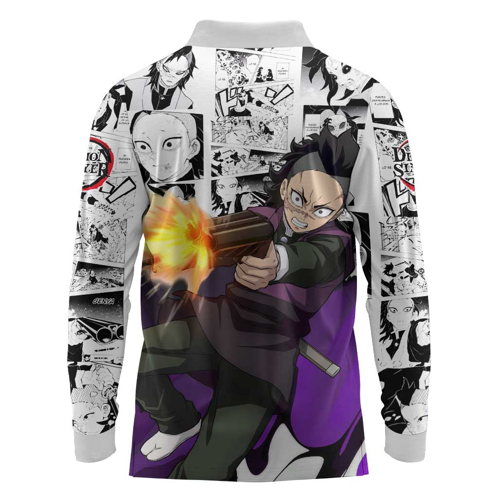 Genya Shinazugawa Demon Slayer Manga Panel Black and White Theme Long Sleeve Polo Shirt with Purple Accents and Gun Action Pose - The Mazicc