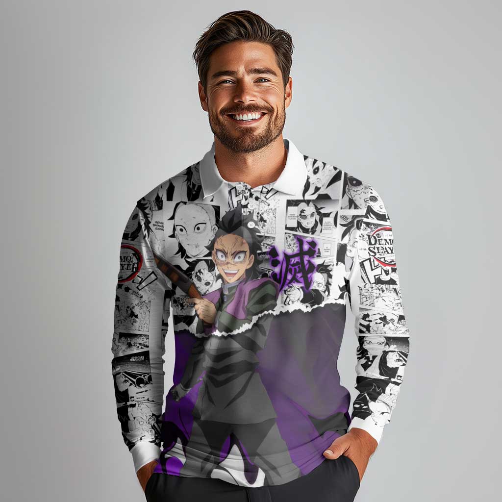 Genya Shinazugawa Demon Slayer Manga Panel Black and White Theme Long Sleeve Polo Shirt with Purple Accents and Gun Action Pose - The Mazicc