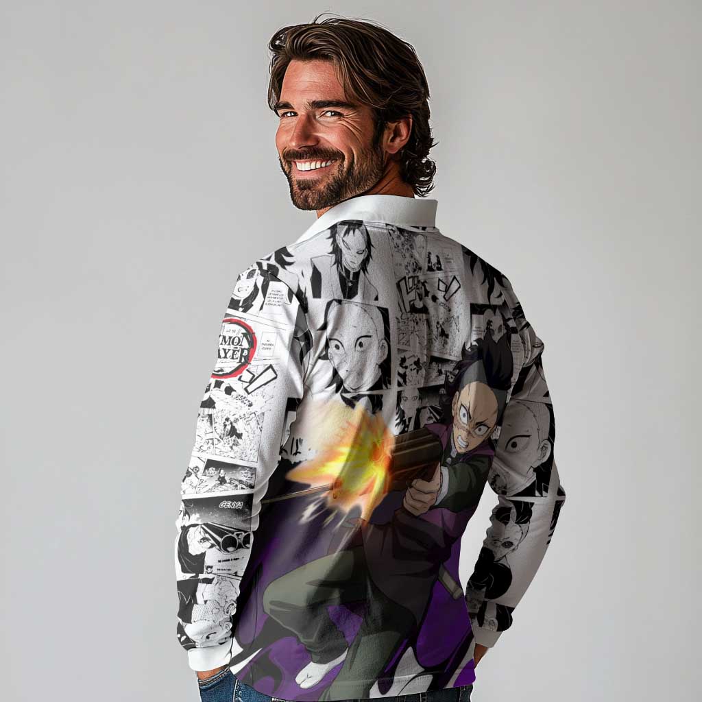 Genya Shinazugawa Demon Slayer Manga Panel Black and White Theme Long Sleeve Polo Shirt with Purple Accents and Gun Action Pose - The Mazicc