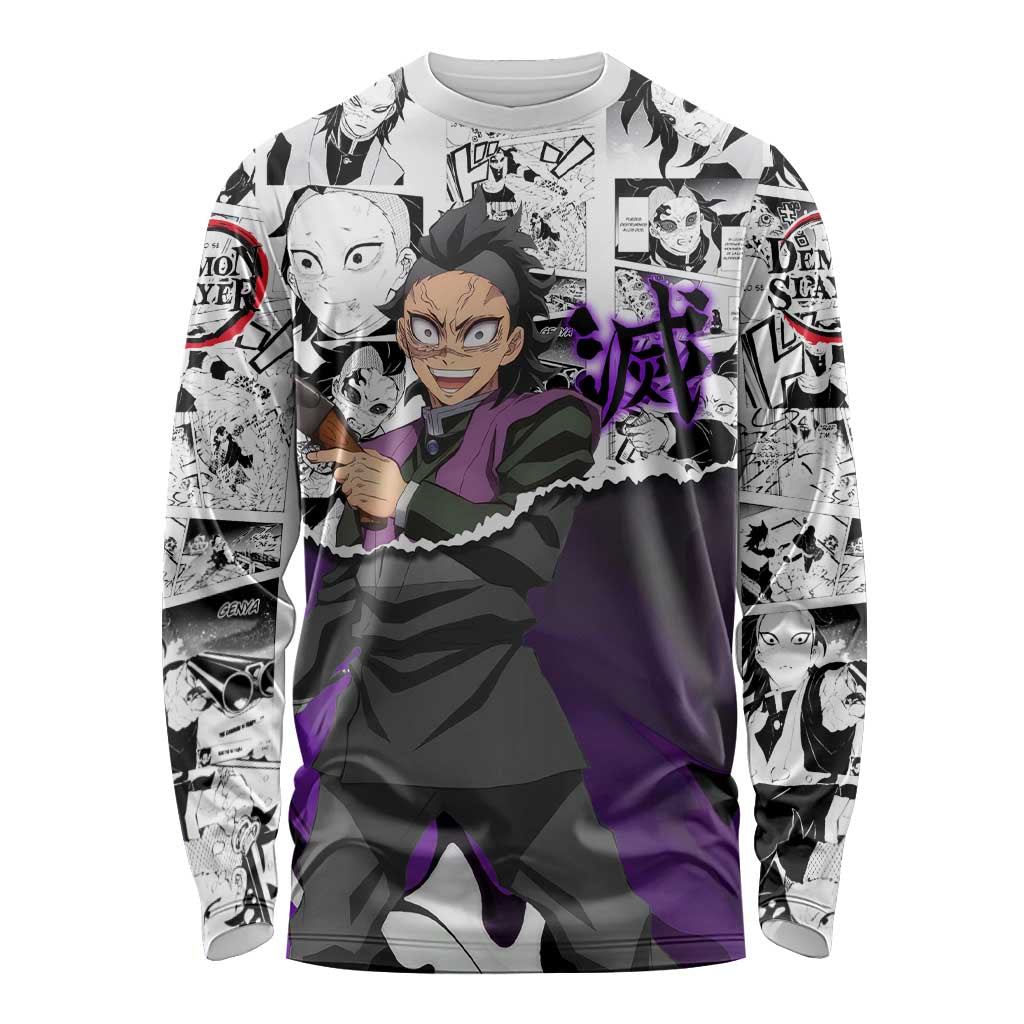 Genya Shinazugawa Demon Slayer Manga Panel Black and White Theme Long Sleeve Shirt with Purple Accents and Gun Action Pose - The Mazicc