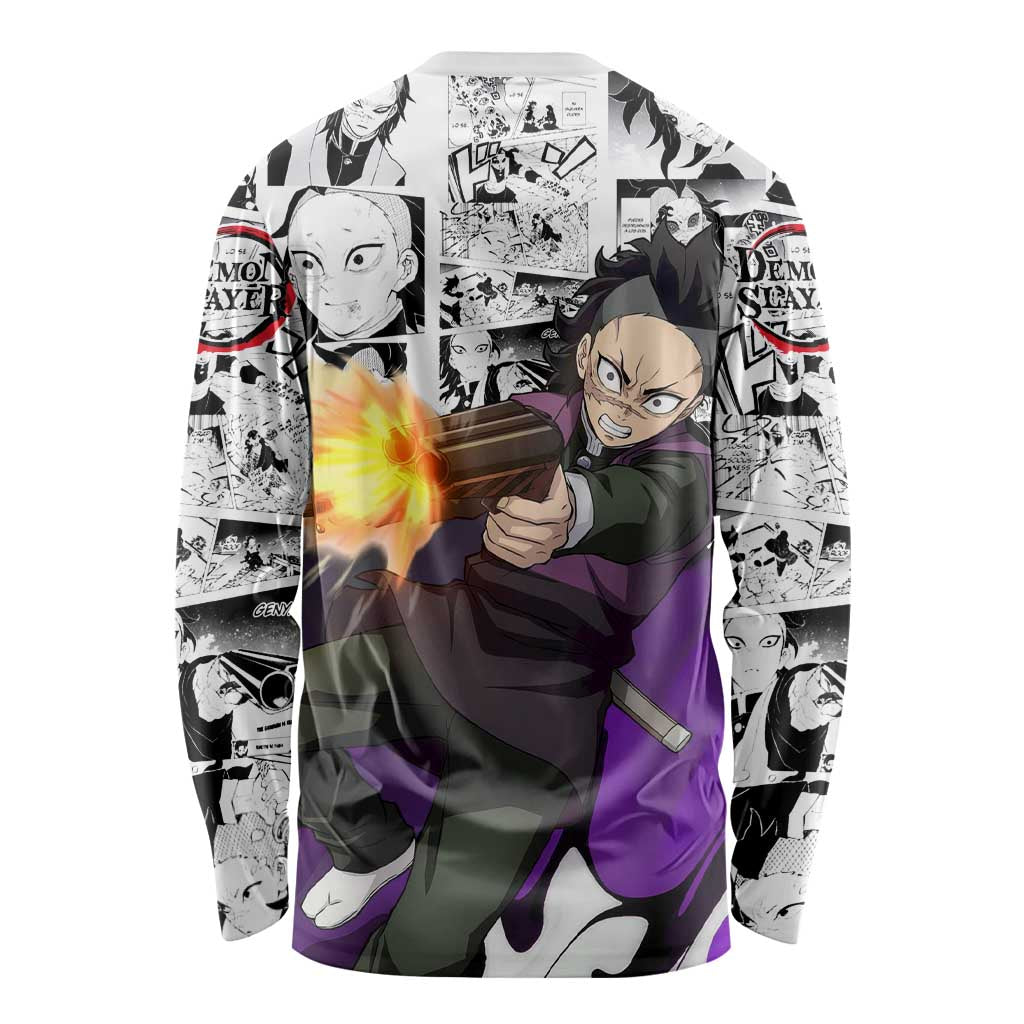 Genya Shinazugawa Demon Slayer Manga Panel Black and White Theme Long Sleeve Shirt with Purple Accents and Gun Action Pose - The Mazicc
