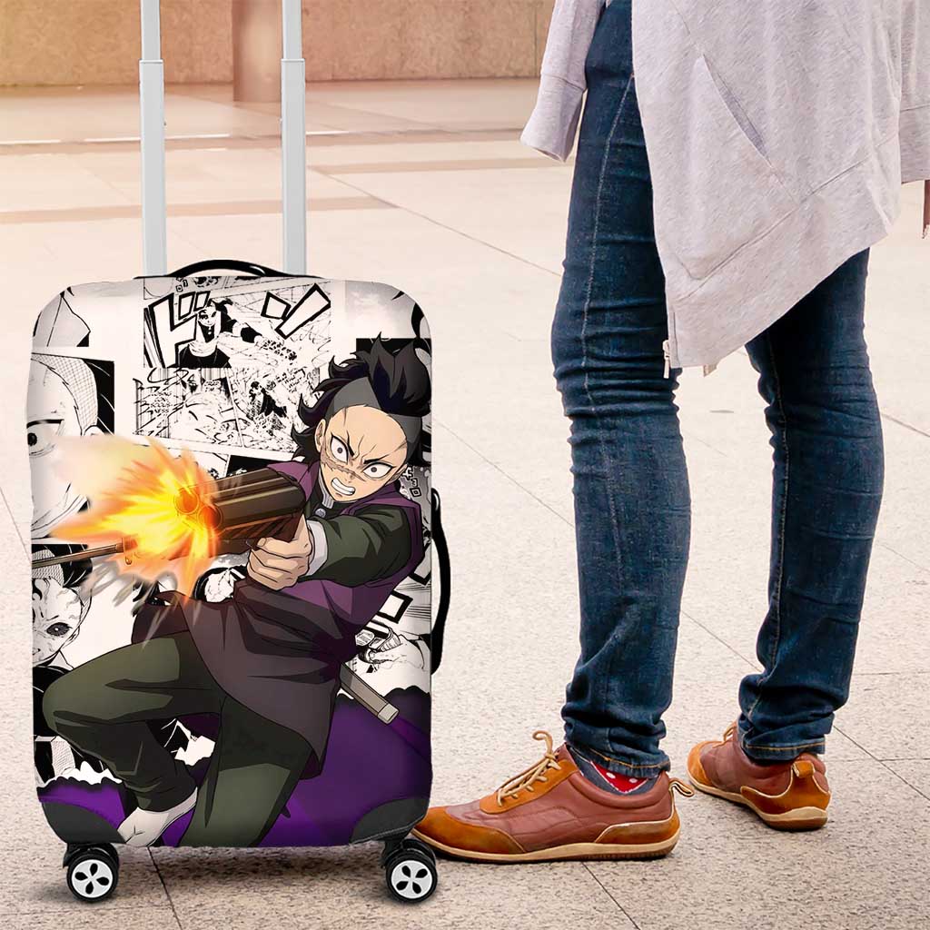 Genya Shinazugawa Demon Slayer Manga Panel Black and White Theme Luggage Cover with Purple Accents and Gun Action Pose - The Mazicc