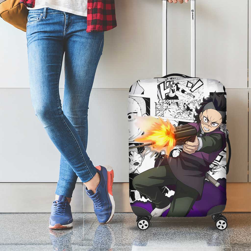 Genya Shinazugawa Demon Slayer Manga Panel Black and White Theme Luggage Cover with Purple Accents and Gun Action Pose - The Mazicc
