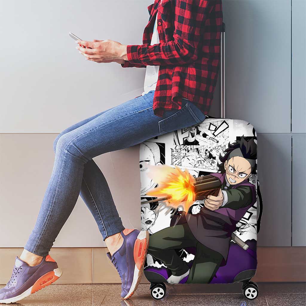 Genya Shinazugawa Demon Slayer Manga Panel Black and White Theme Luggage Cover with Purple Accents and Gun Action Pose - The Mazicc