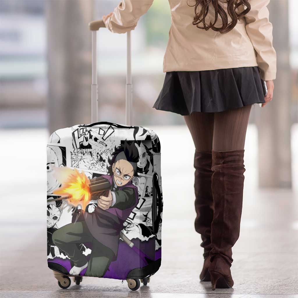Genya Shinazugawa Demon Slayer Manga Panel Black and White Theme Luggage Cover with Purple Accents and Gun Action Pose - The Mazicc