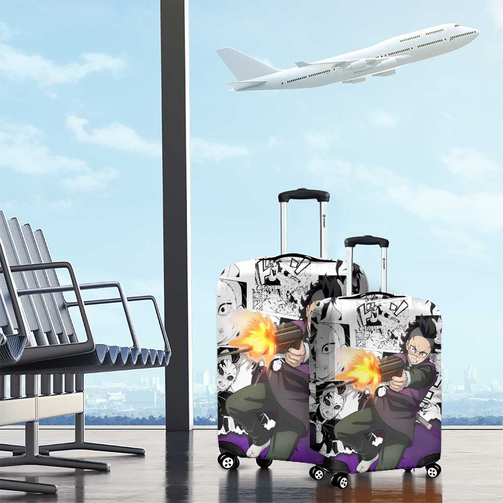 Genya Shinazugawa Demon Slayer Manga Panel Black and White Theme Luggage Cover with Purple Accents and Gun Action Pose - The Mazicc